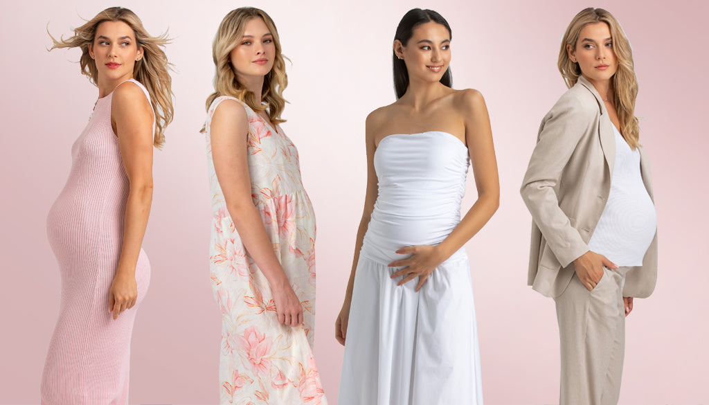 Donne in gravidanza che indossano abbigliamento premaman elegante e confortevole.