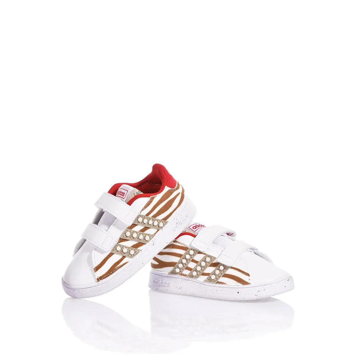Scarpe bambino bianche con dettagli zebrati e strass, accessorio moda premaman