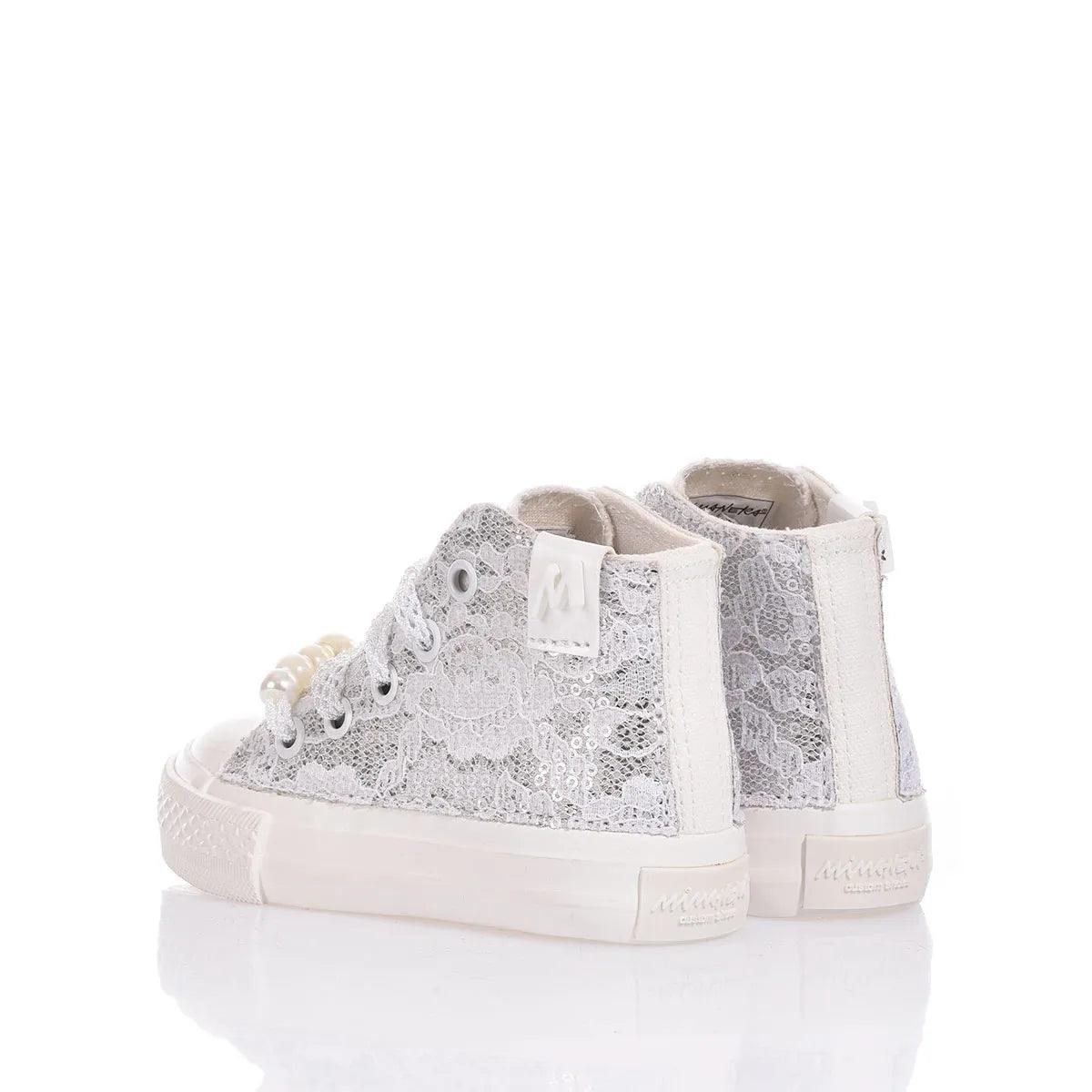 Sneakers bianche in pizzo con perle, scarpe moda premaman eleganti e comode