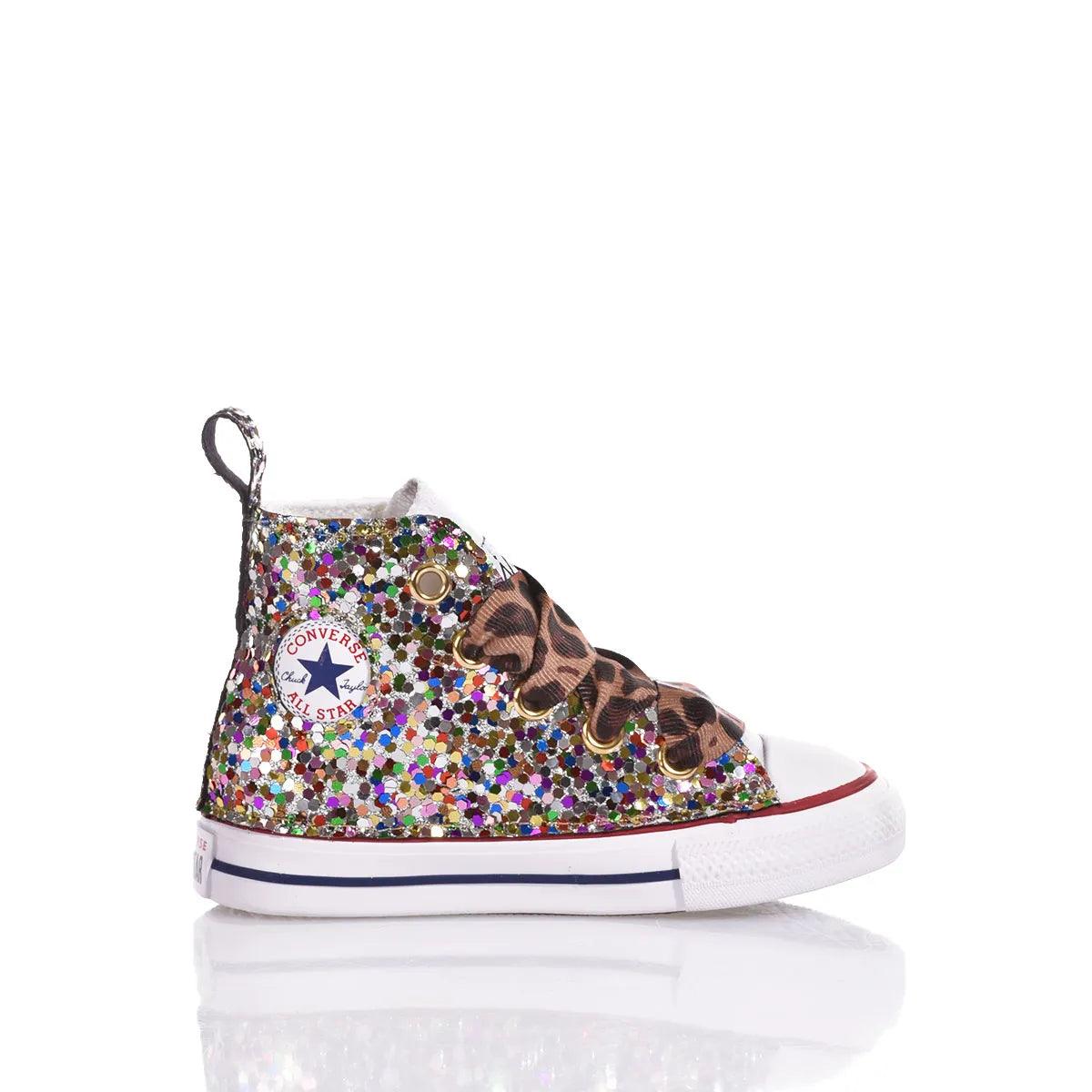Sneaker bambina glitterata con lacci leopardati, scarpe moda bimbo, ideale per abbigliamento premaman