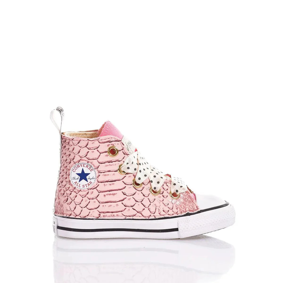 Sneaker alta rosa con motivo a squame e lacci a pois, scarpa moda bambino.