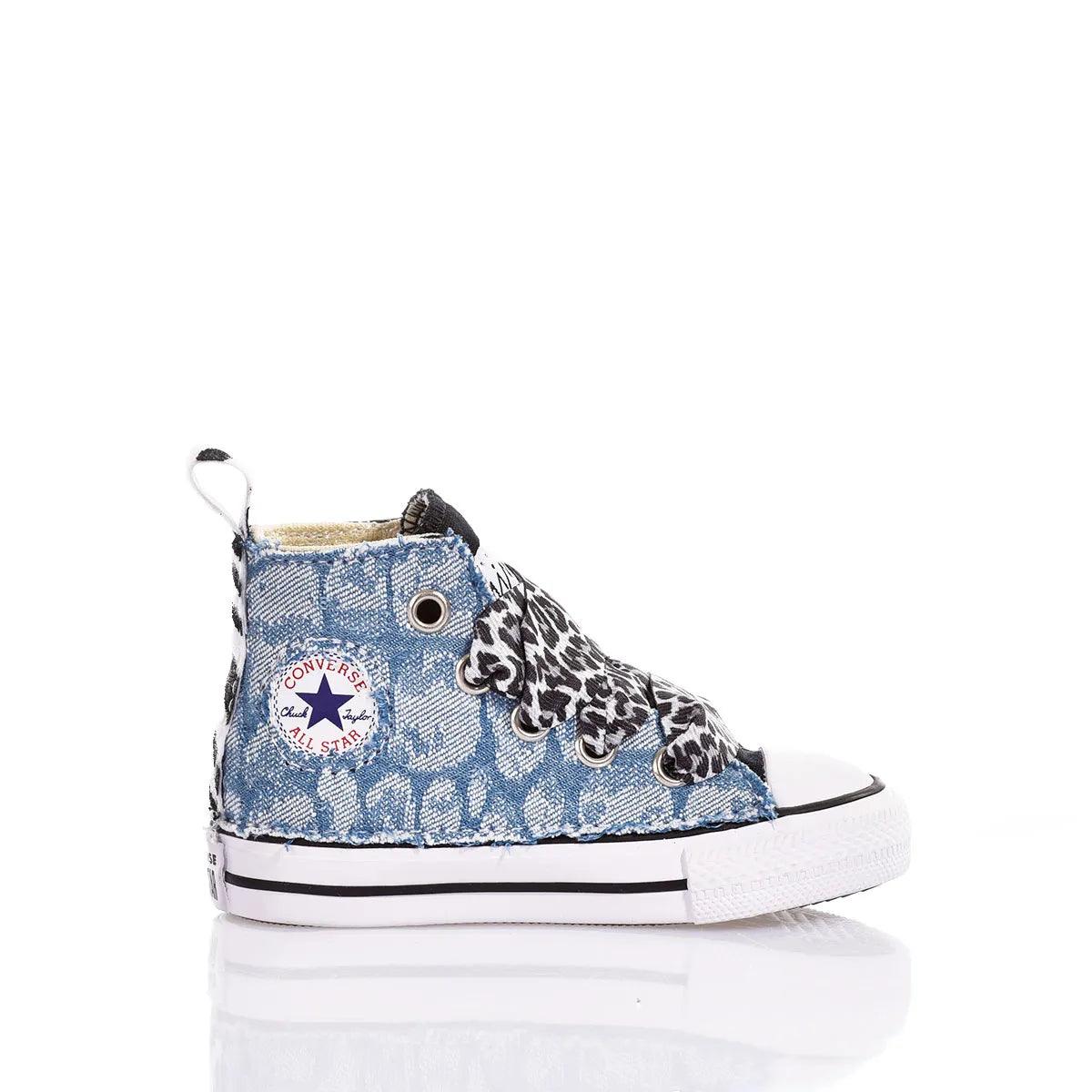 Sneaker denim bambino con dettagli animalier, scarpe moda abbigliamento premaman