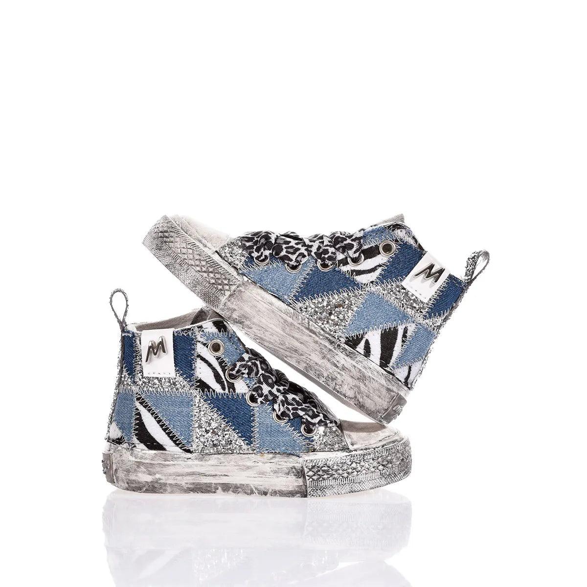 Sneakers patchwork blu e animalier, scarpe casual moda premaman