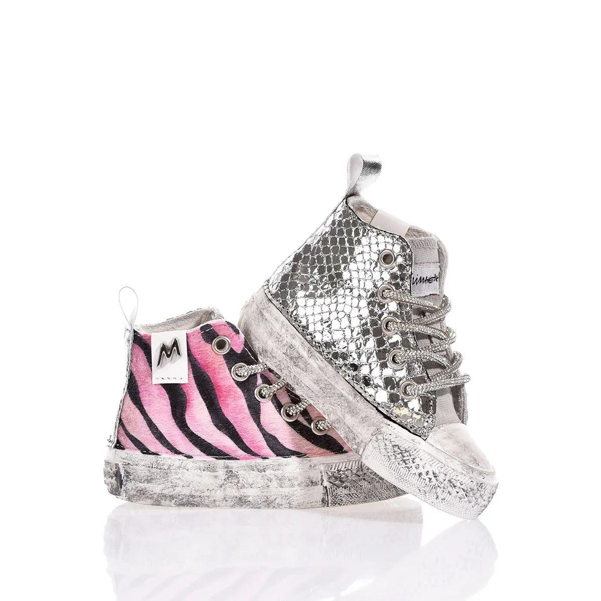 Sneakers bicolor per abbigliamento premaman, fantasia animalier rosa e argento brillante