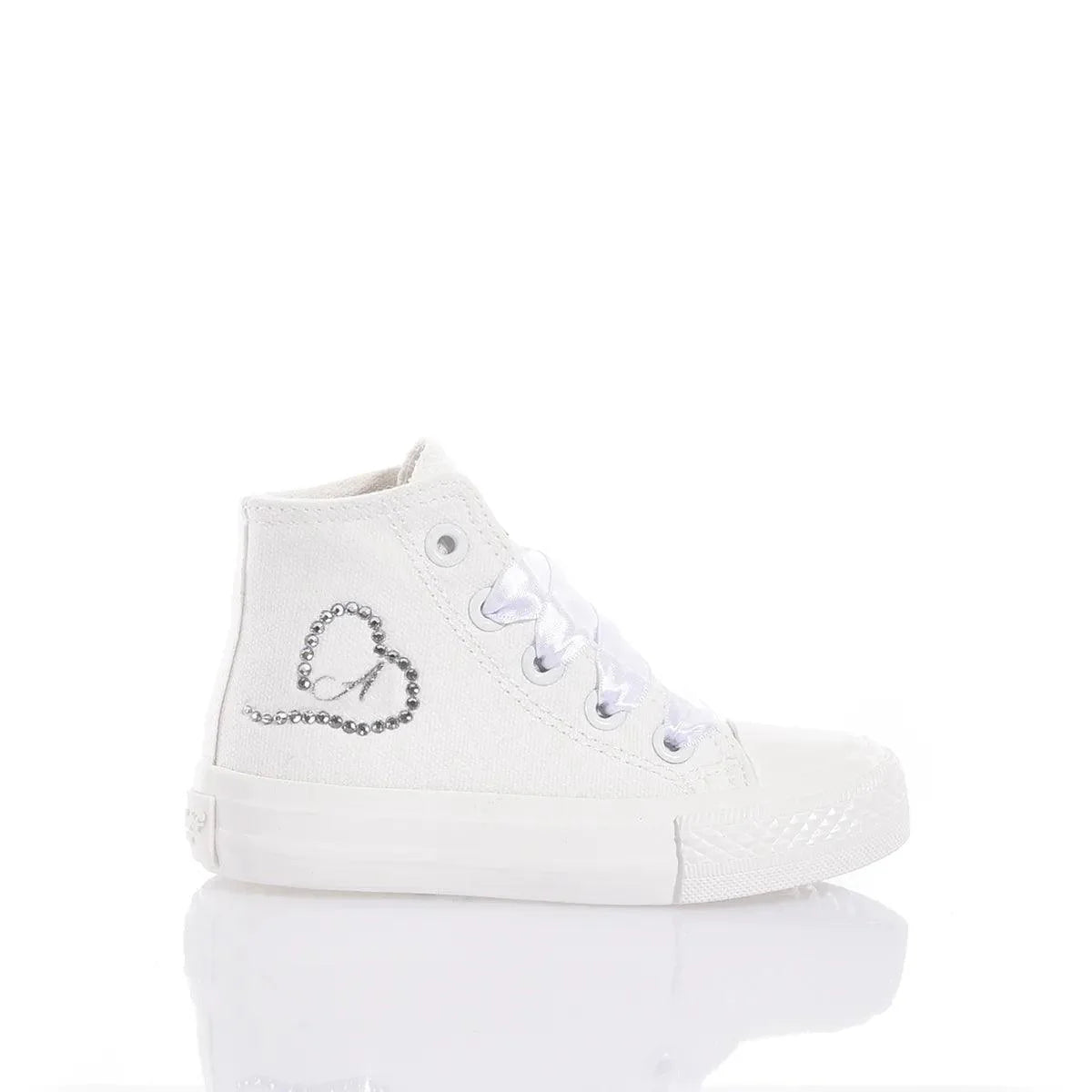 Sneaker bianca neonata con dettagli cuore in strass, accessorio abbigliamento premaman