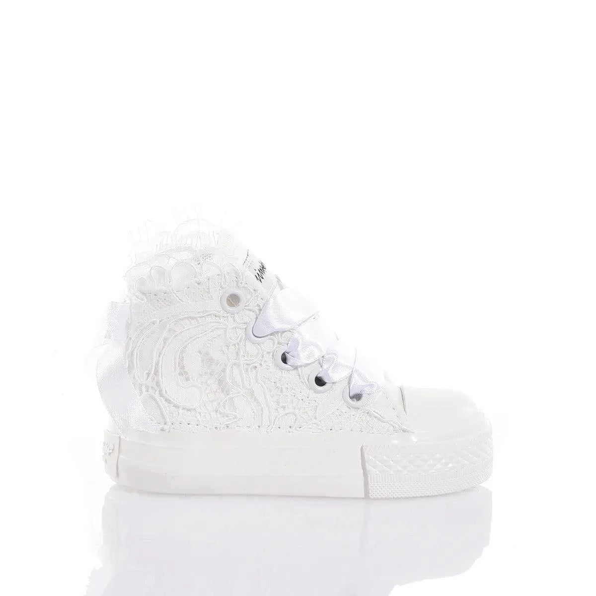 Scarpa bianca neonato in pizzo per outfit premaman elegante, dettagli romantici