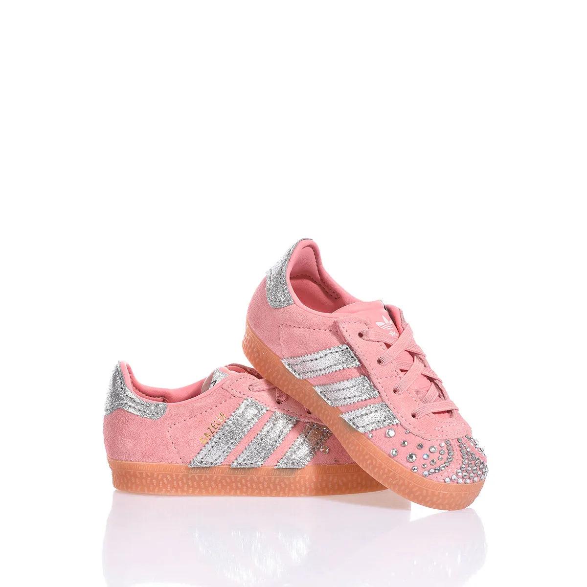 Sneakers rosa da donna con dettagli glitter argento e suola in gomma, stile casual