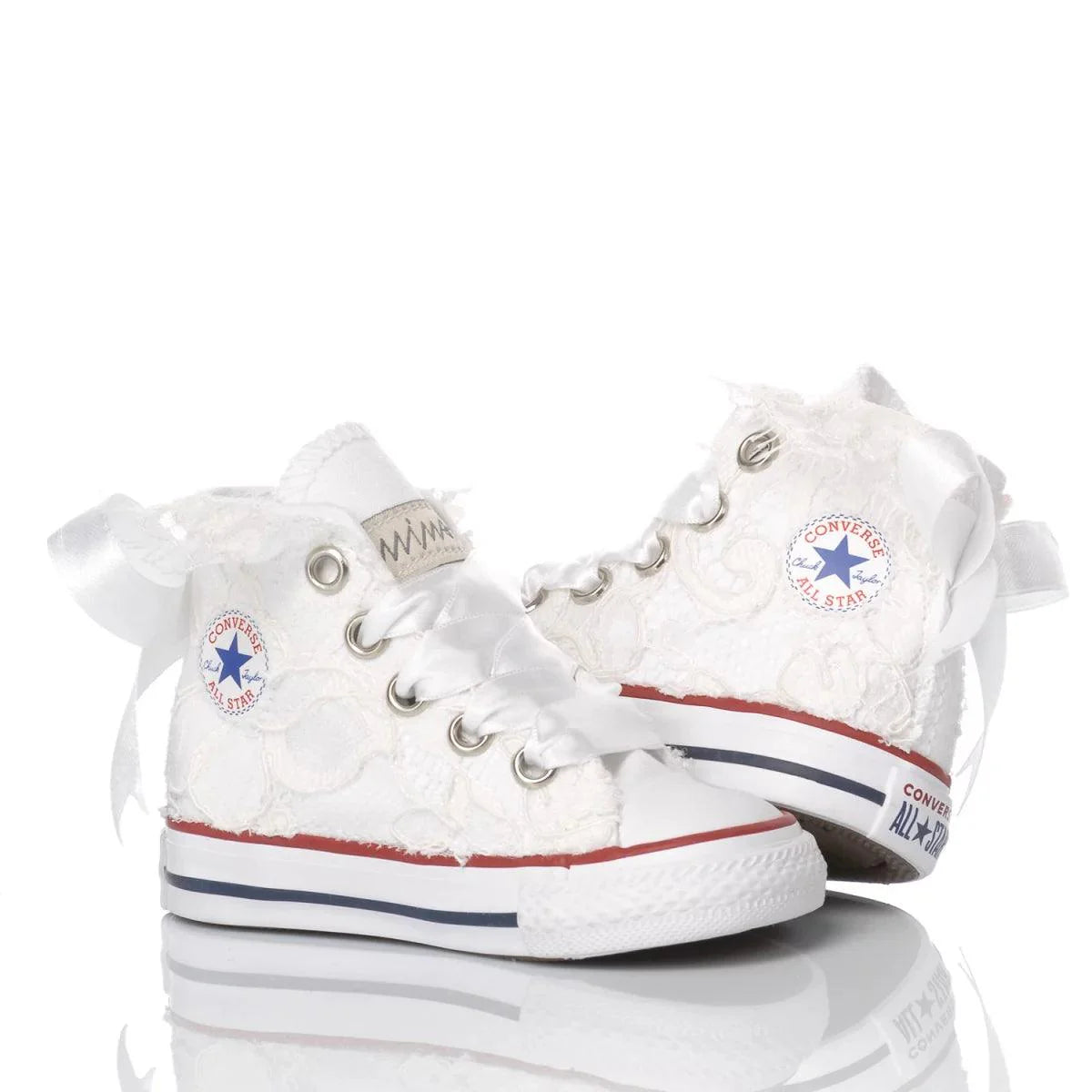 Scarpe bianche neonata in pizzo con fiocco, ideali per abbigliamento premaman elegante