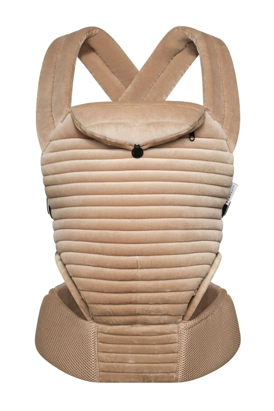 Marsupio portabebè beige in tessuto imbottito, accessorio essenziale per abbigliamento premaman