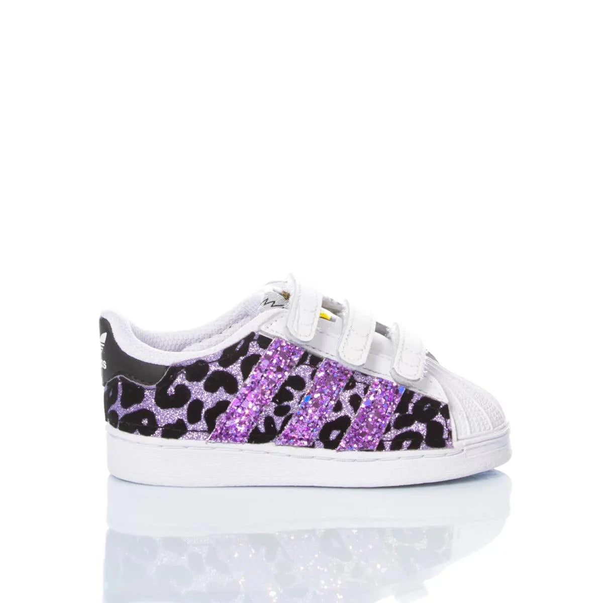 Scarpa sportiva bambina con fantasia leopardata viola glitter e dettagli bianchi