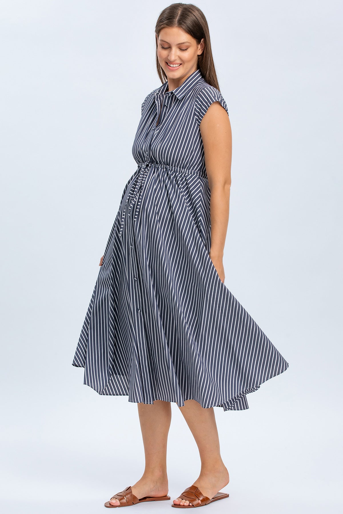 CELESTE | Maternity Shirt Dress in Dark Blue Cotton with White Stripes