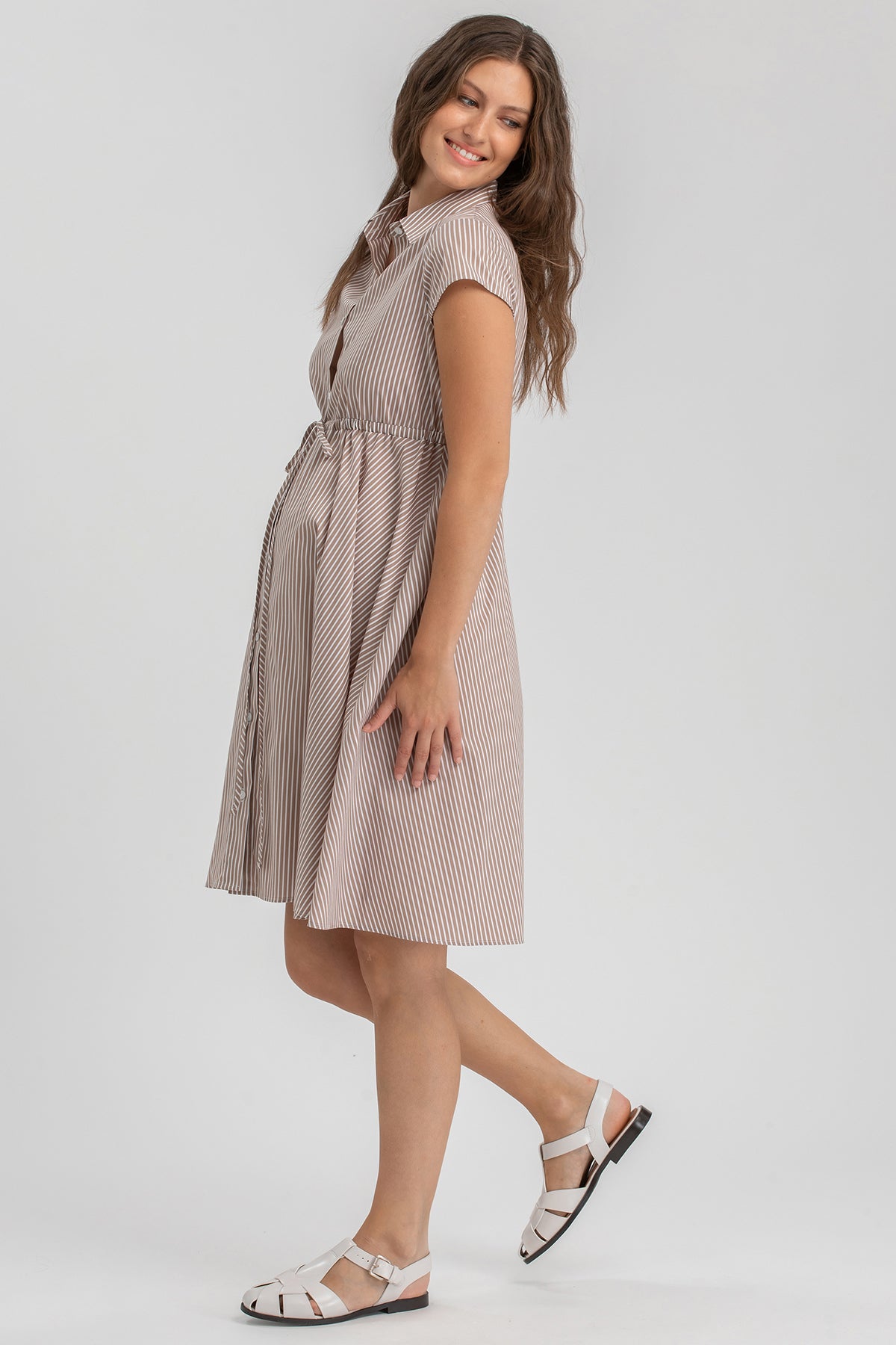 VIOLA | Beige-Striped Cotton Maternity Dress