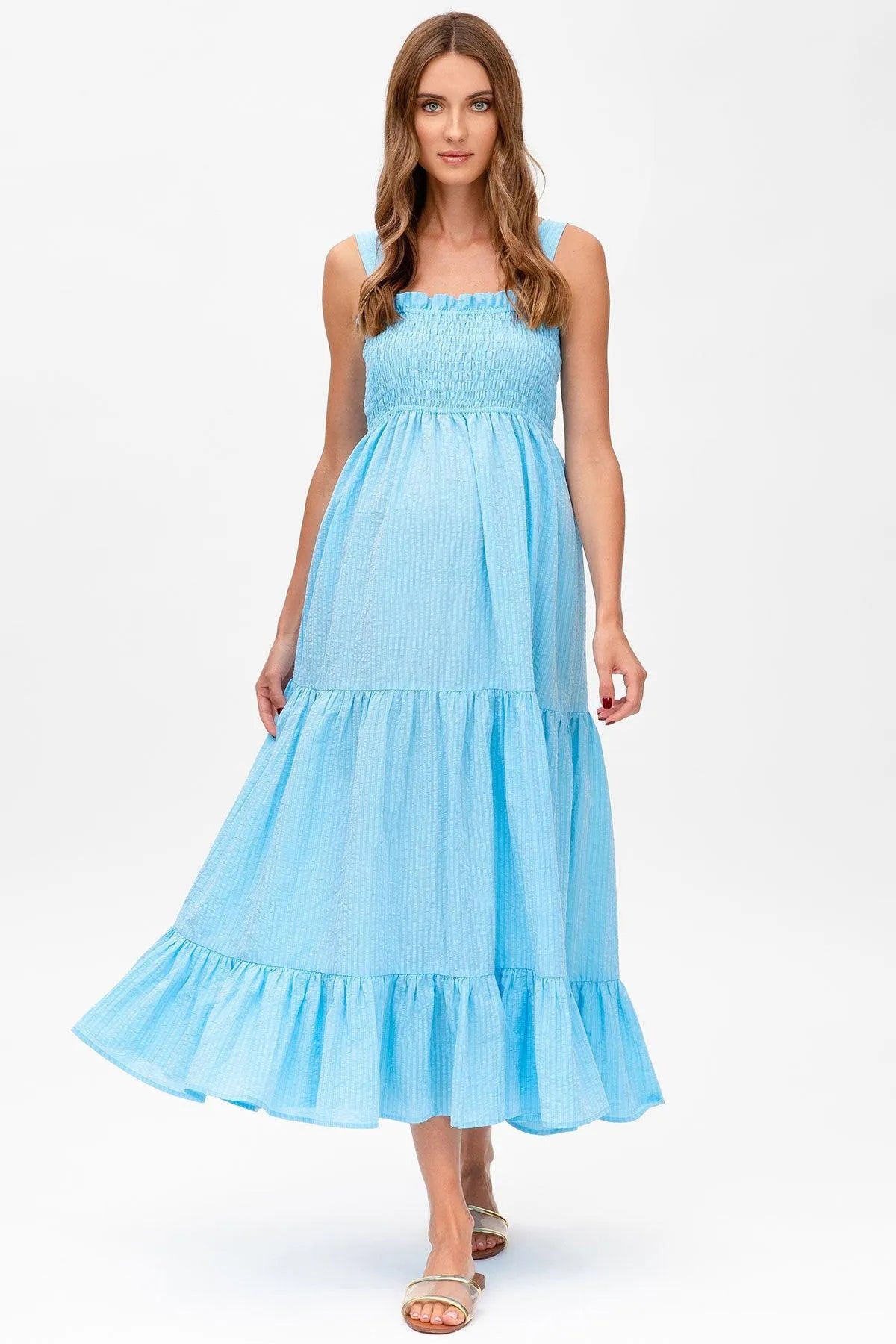 Maxi Maternity Dress in Sky Blue Seersucker Cotton | HOLLY Maxi Maternity Dress in Sky Blue Seersucker Cotton | HOLLY