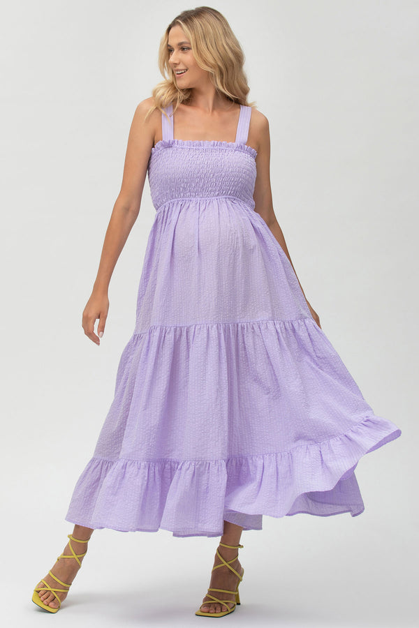 HOLLY | Maxi Maternity Dress in Purple Seersucker Cotton