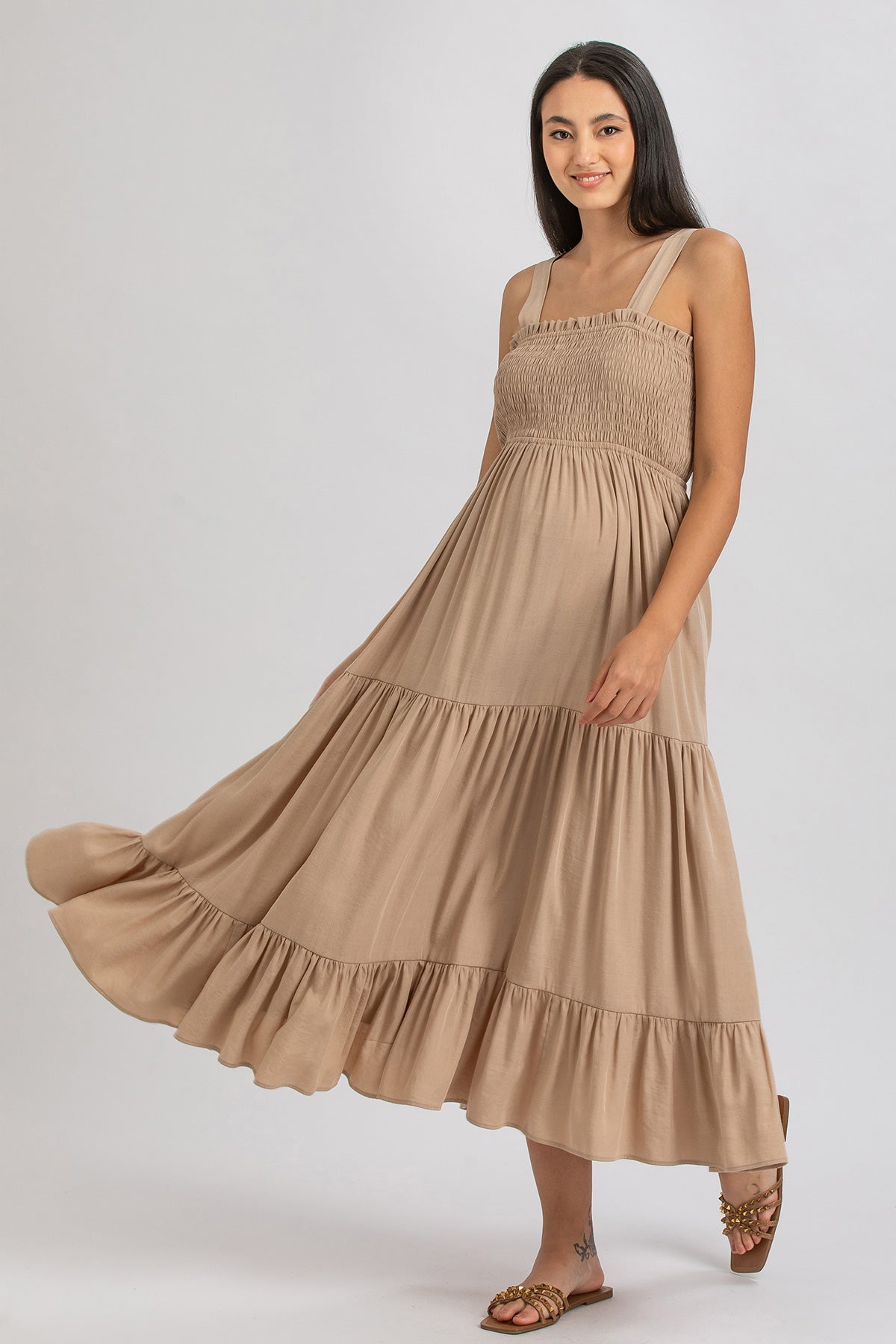 beige maternity maxi dress Summer Mae Halter Neck Maternity Maxi Dress