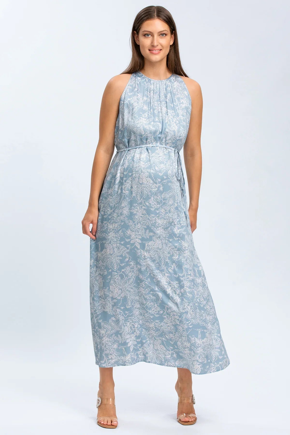 Abito premaman elegante lungo azzurro con fantasia floreale e scollo all'americana