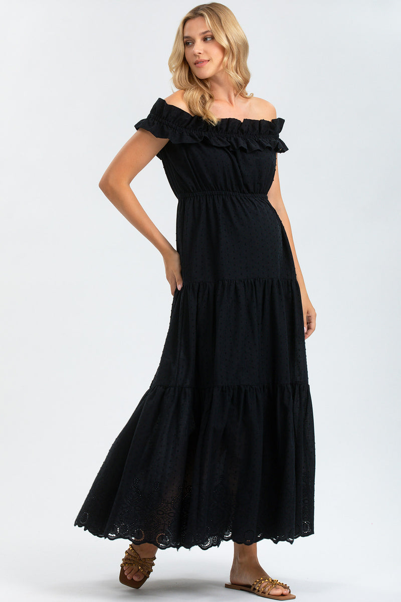 CHARLOTTE | Black Maxi Maternity Dress in Sangallo Lace