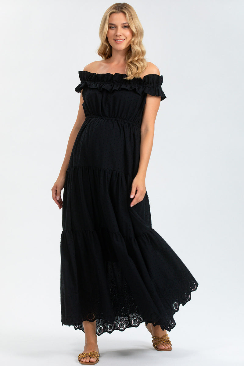 CHARLOTTE | Black Maxi Maternity Dress in Sangallo Lace