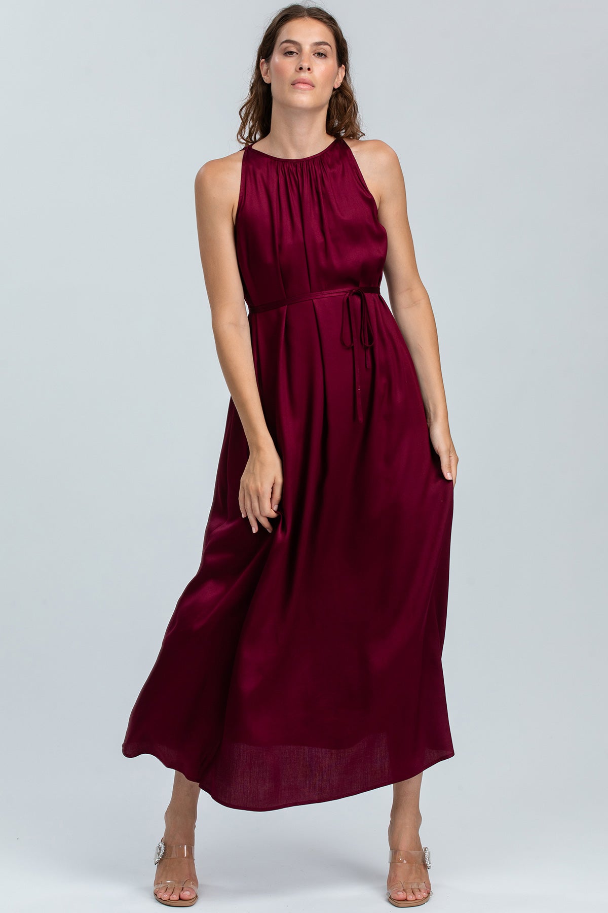 CLARISSA | Ruby Wine Maxi Dress with Removable Belt