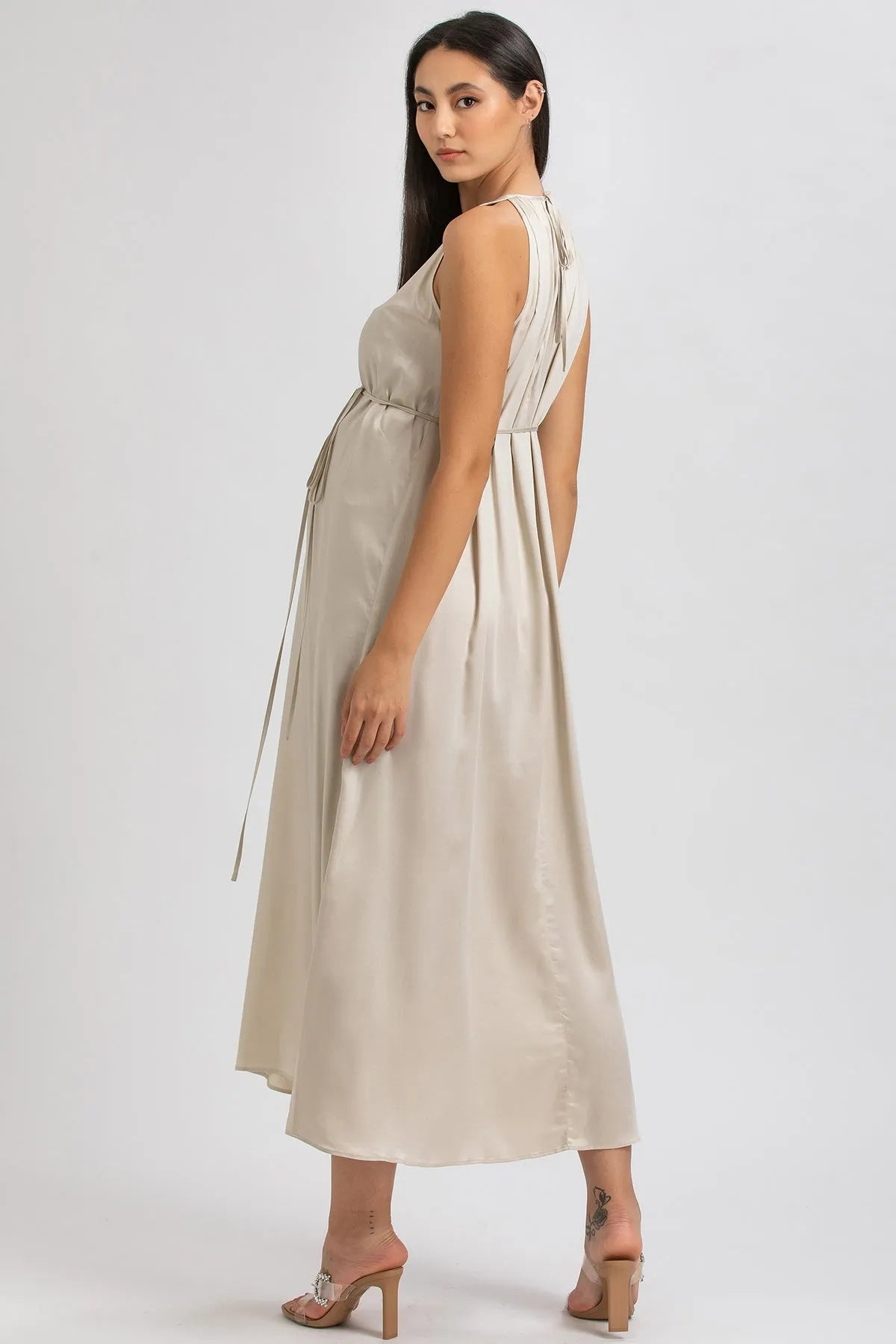 CLARISSA | Maxi Abito Premaman Beige con Cintura Rimovibile