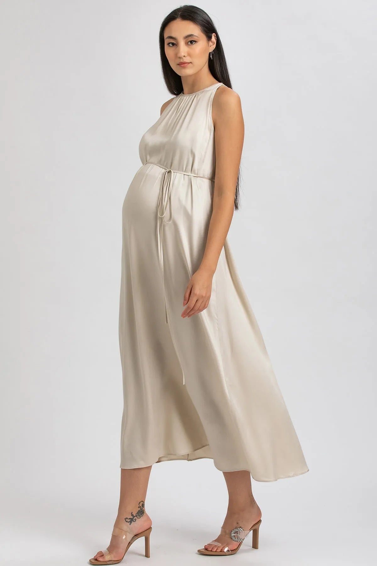 CLARISSA | Maxi Abito Premaman Beige con Cintura Rimovibile