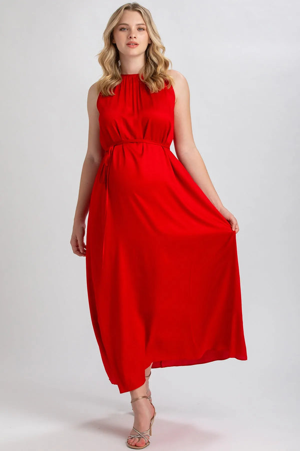CLARISSA | Red Maternity Maxi Dress with Removable Belt