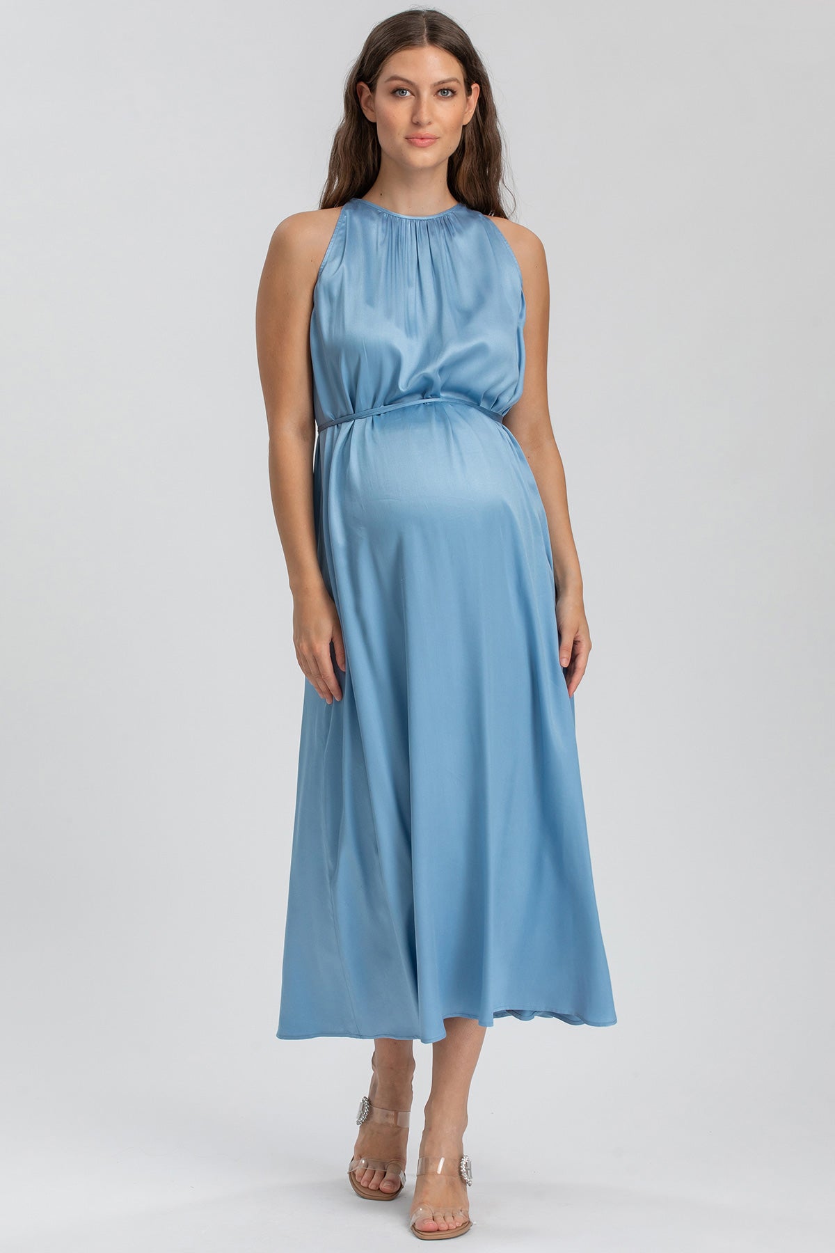 CLARISSA | Sky Blue Maternity Maxi Dress with Removable Belt