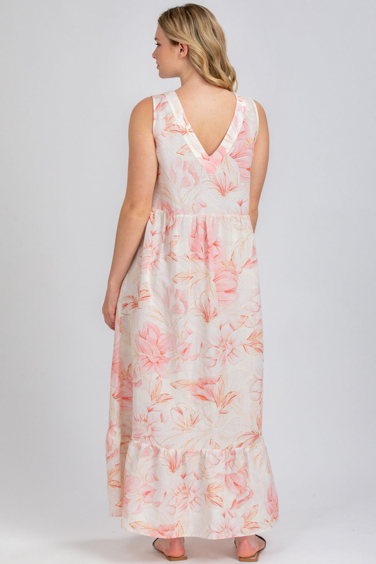 Abito premaman lungo senza maniche con stampa floreale rosa e scollo a V sul retro