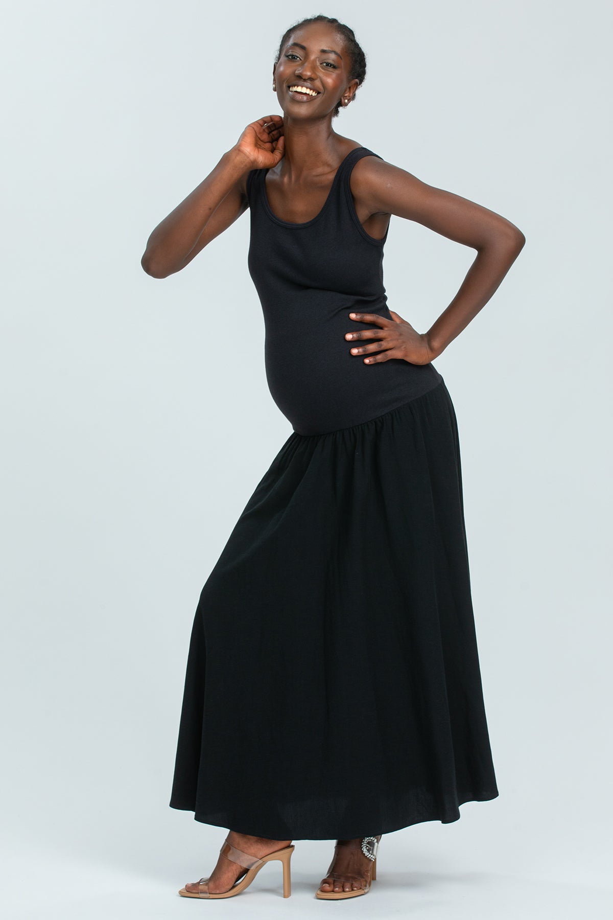 TIANA | Black Sleeveless Maternity Dress in Soft Bamboo Jersey