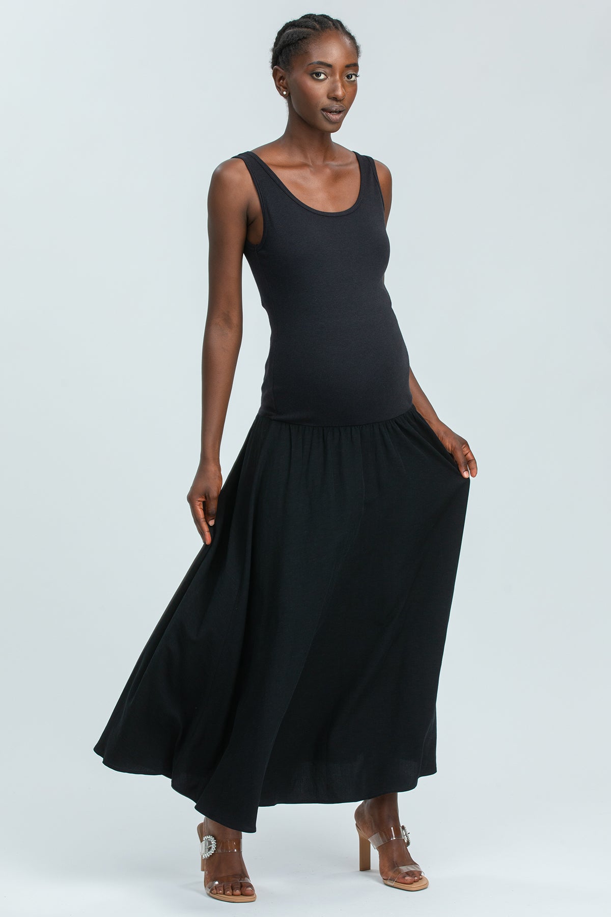 TIANA | Black Sleeveless Maternity Dress in Soft Bamboo Jersey