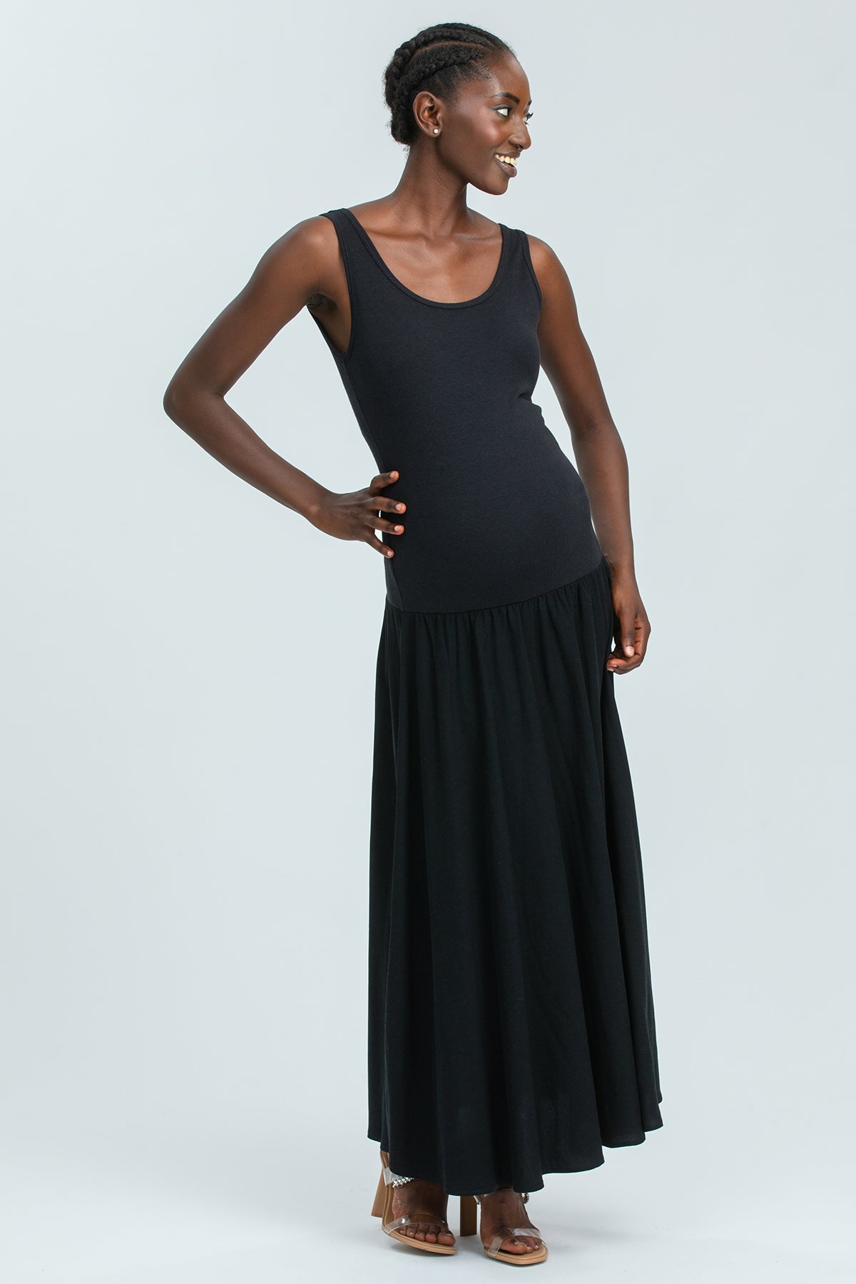 Black Sleeveless Twofer Maternity Dress in Soft Bamboo Jersey | TIANA XS Black Sleeveless Twofer Maternity Dress in Soft Bamboo Jersey | TIANA XS