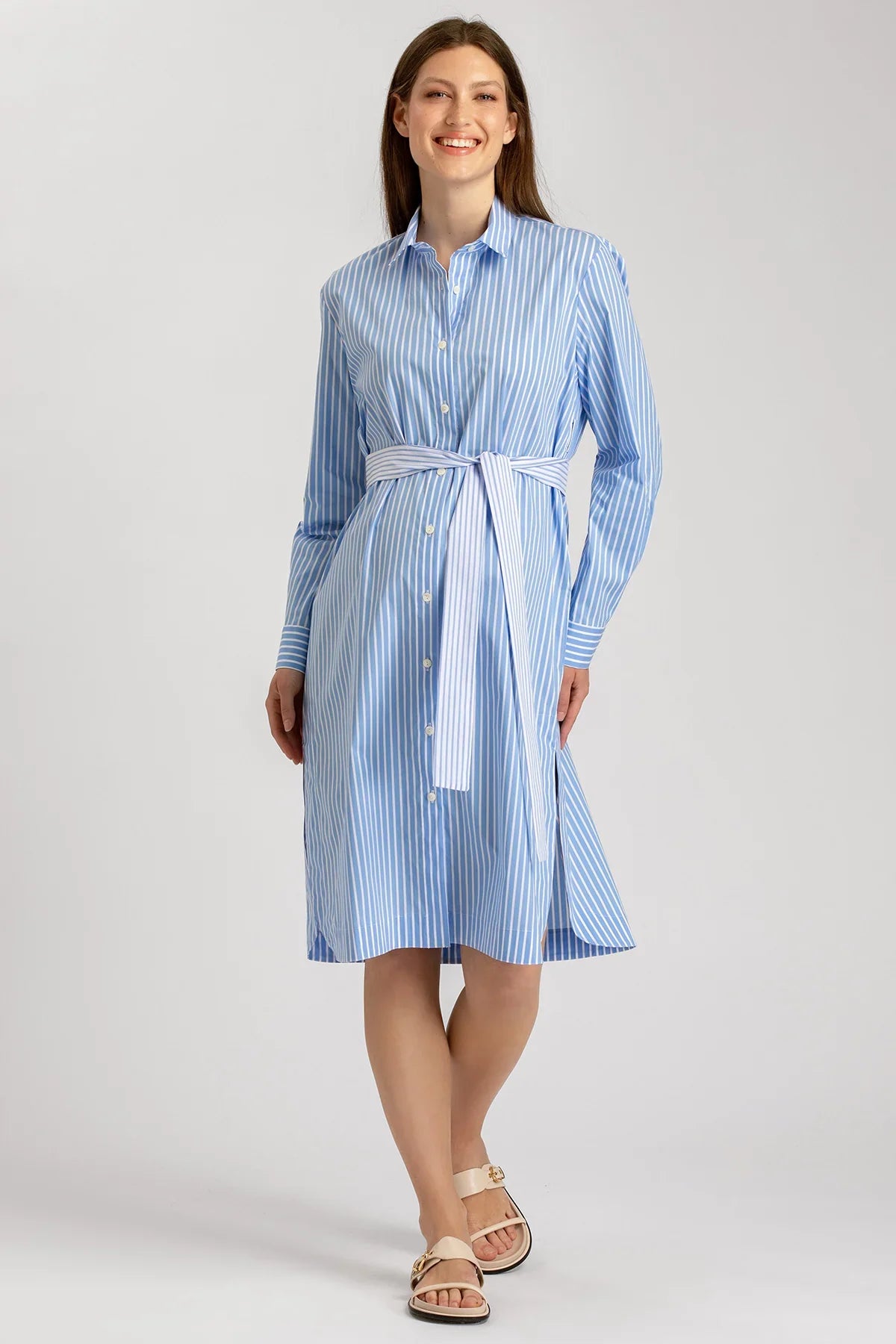 BIANCA | Abito Camicia Premaman e Allattamento in Cotone Blu a Righe Bianche