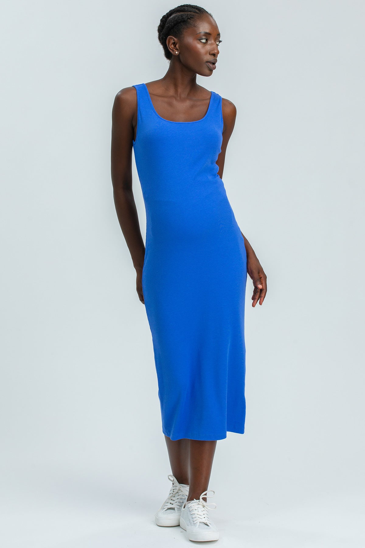 Blue Ribbed Maternity Fitted Dress in Soft Bamboo | IBIZA L