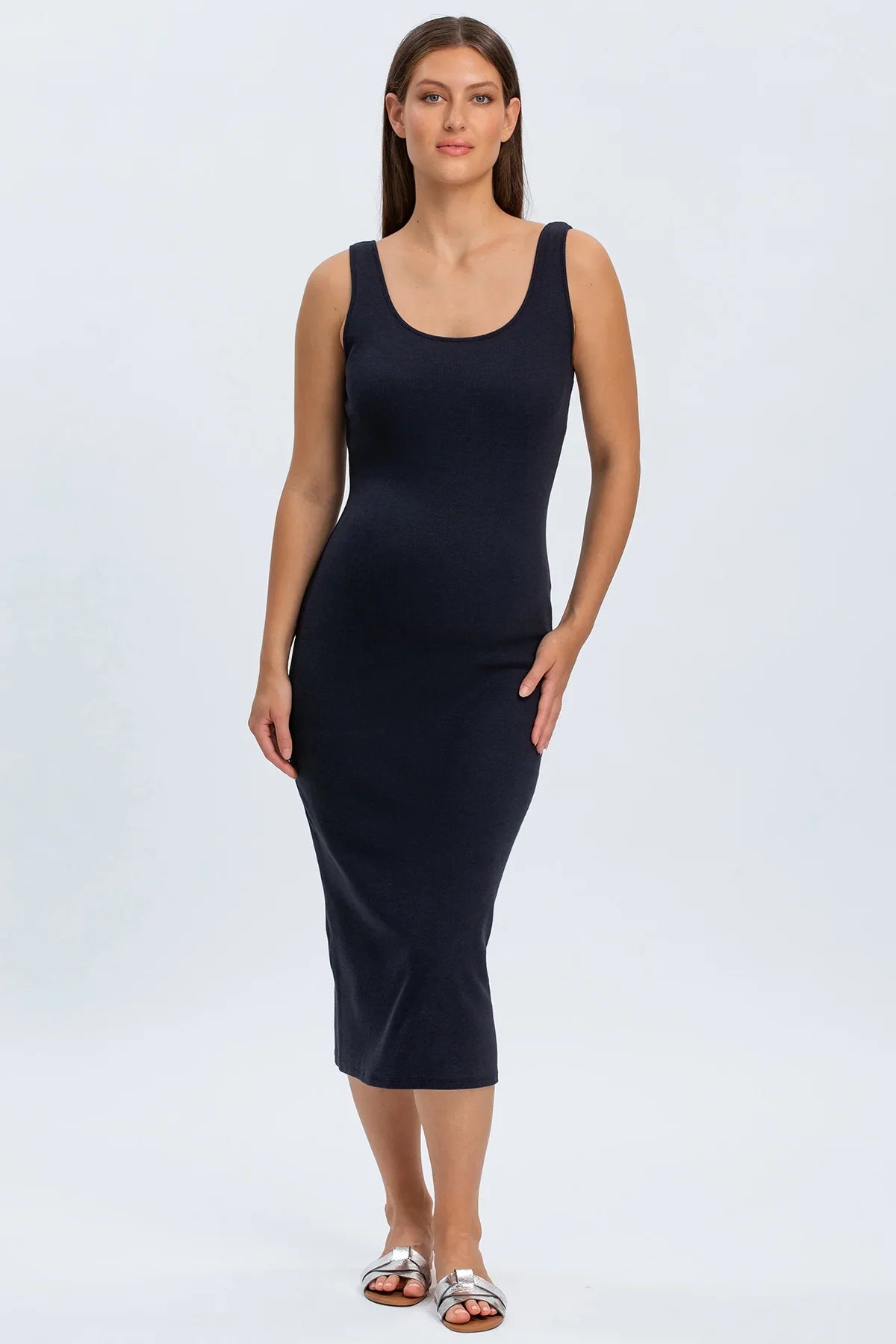 Vestito premaman nero senza maniche, aderente, ideale per gravidanza elegante