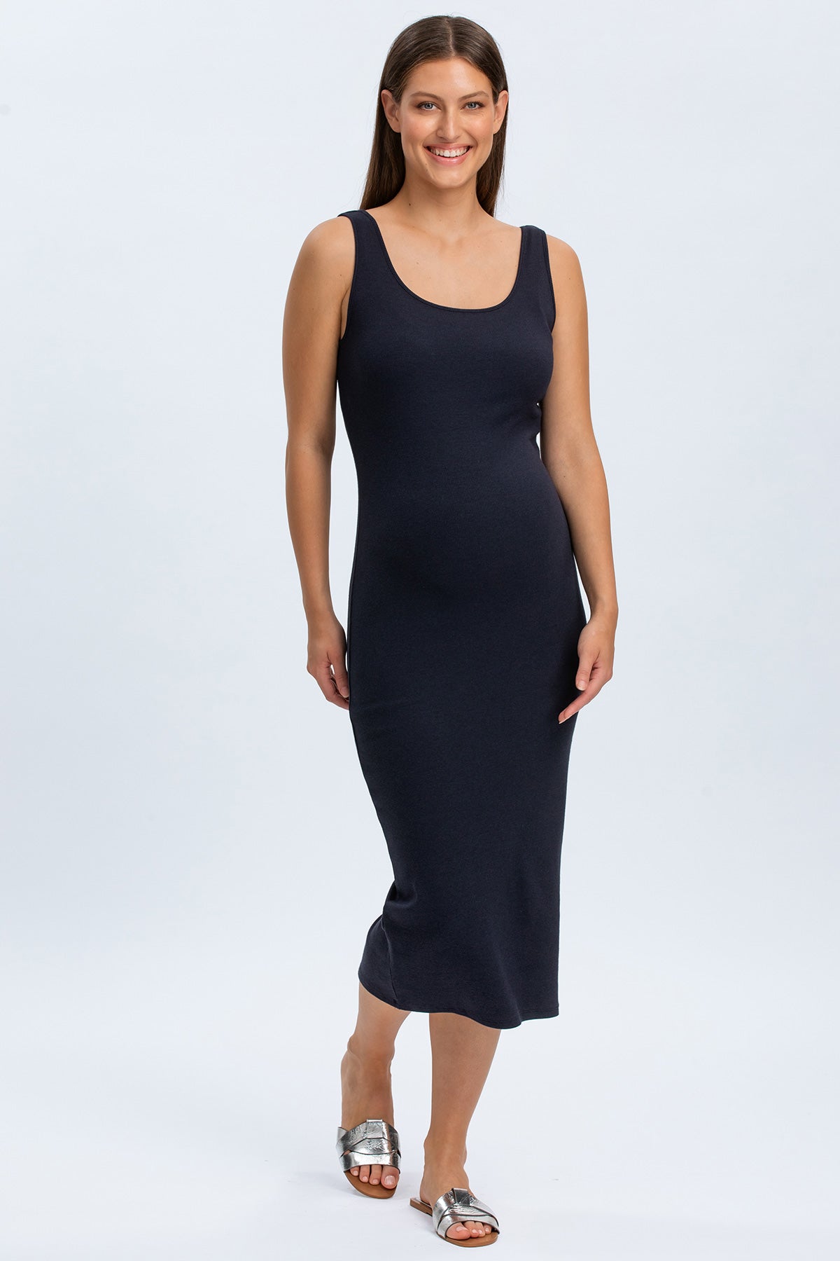 IBIZA | Black Ribbed Maternity Fitted Dress in Soft Bamboo