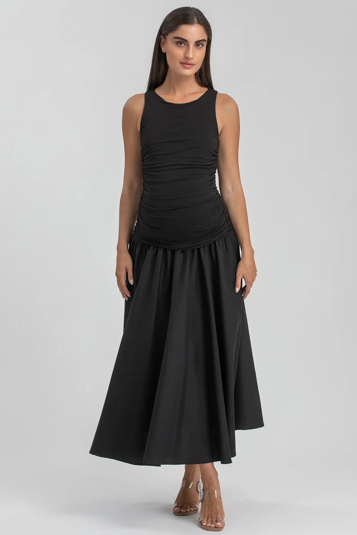 Abito premaman elegante nero senza maniche, gonna ampia, ideale gravidanza