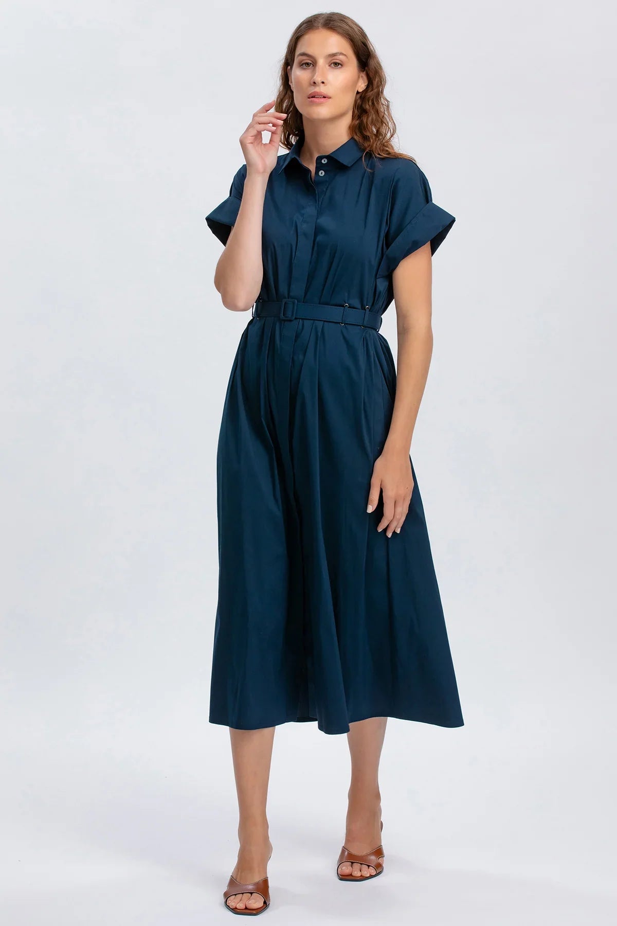 Abito premaman blu con cintura, maniche corte, stile casual ed elegante