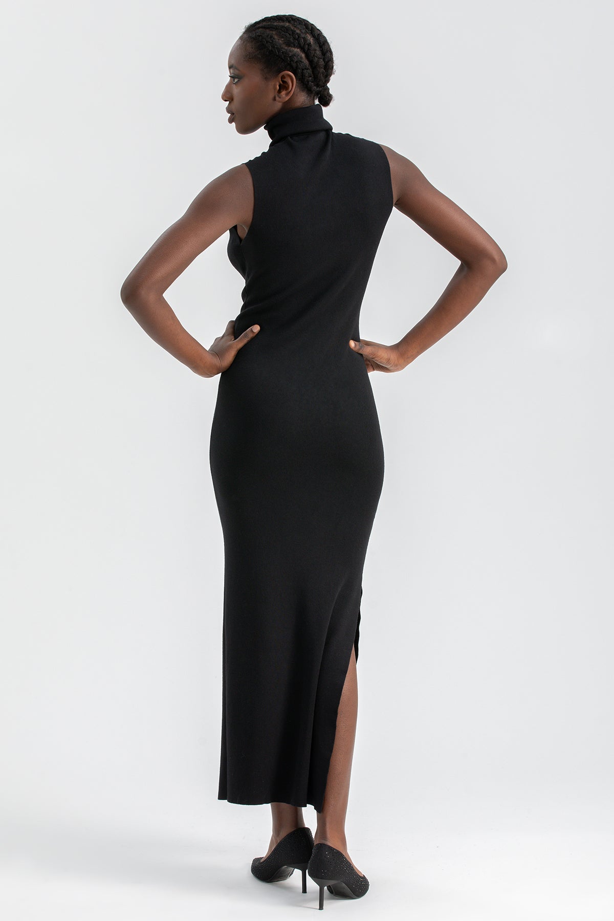 DIVA | Black Fitted Dress with Turtleneck and Side Slit