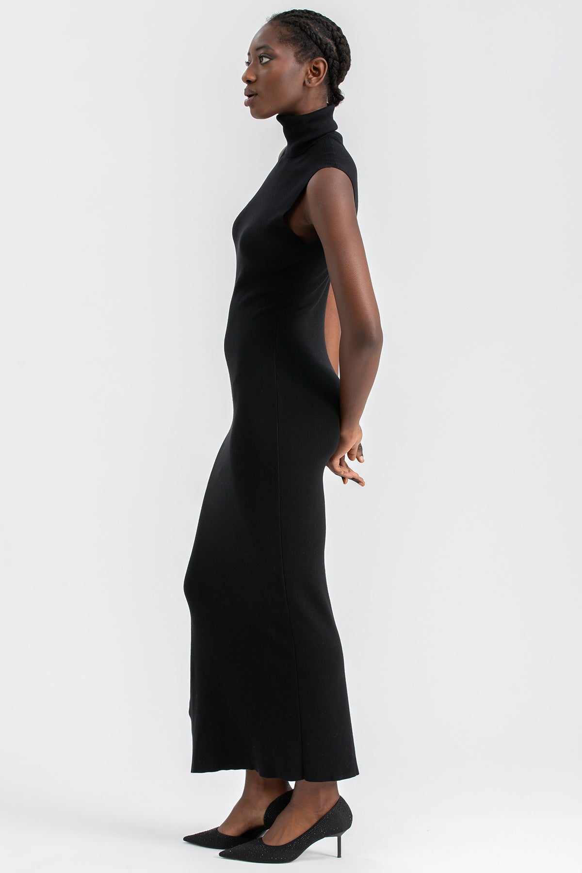 DIVA | Black Fitted Dress with Turtleneck and Side Slit