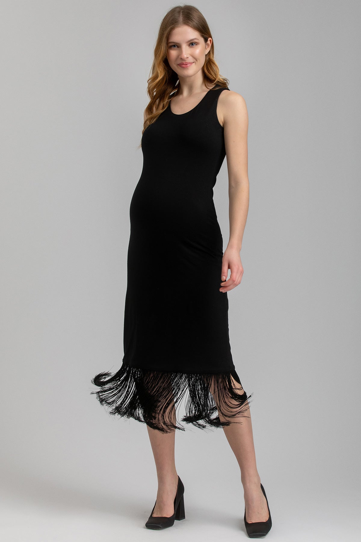 ANAIS | Fitted Black Maternity Dress with Fringes