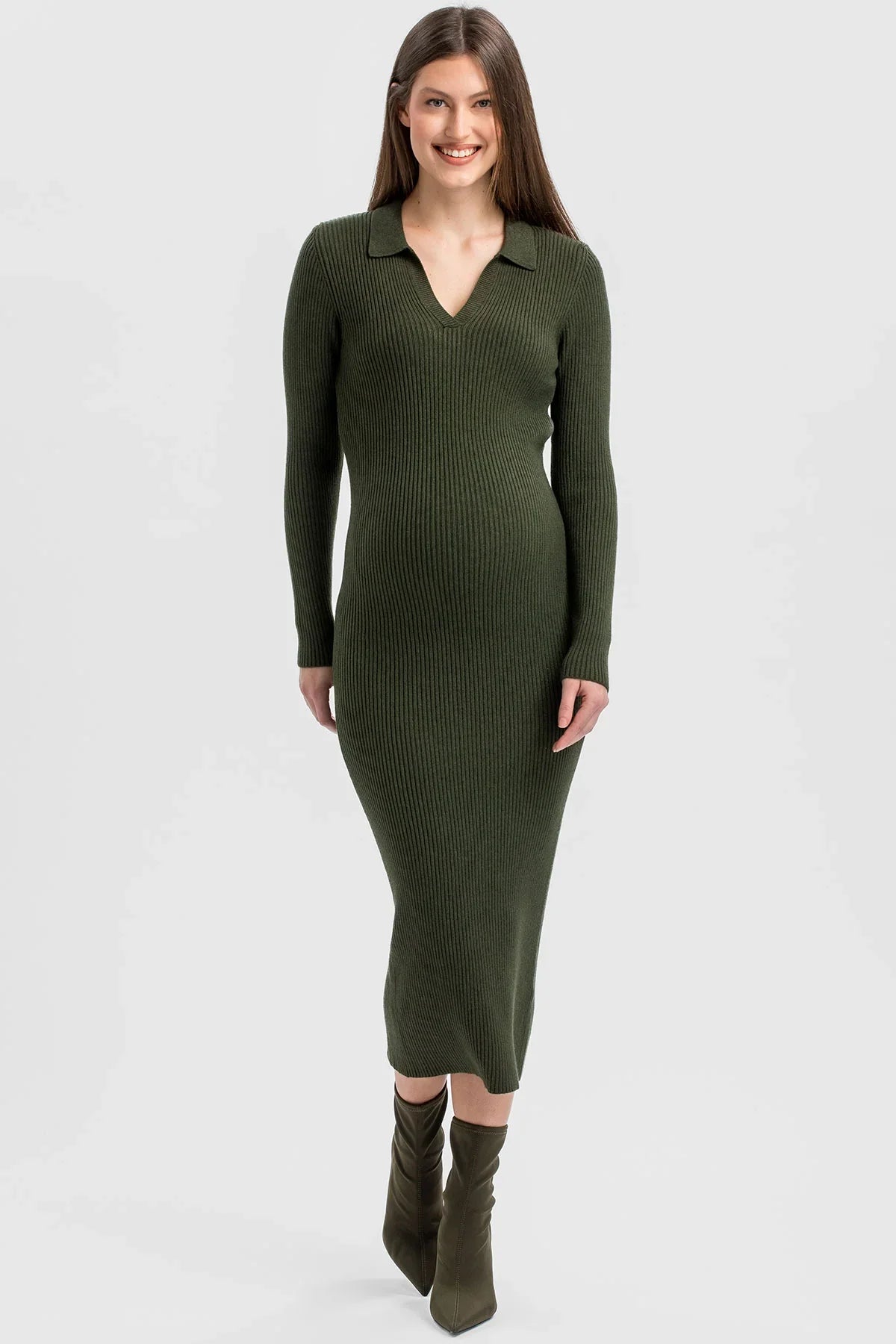 Olive Green Ribbed Maternity Dress with Polo Collar