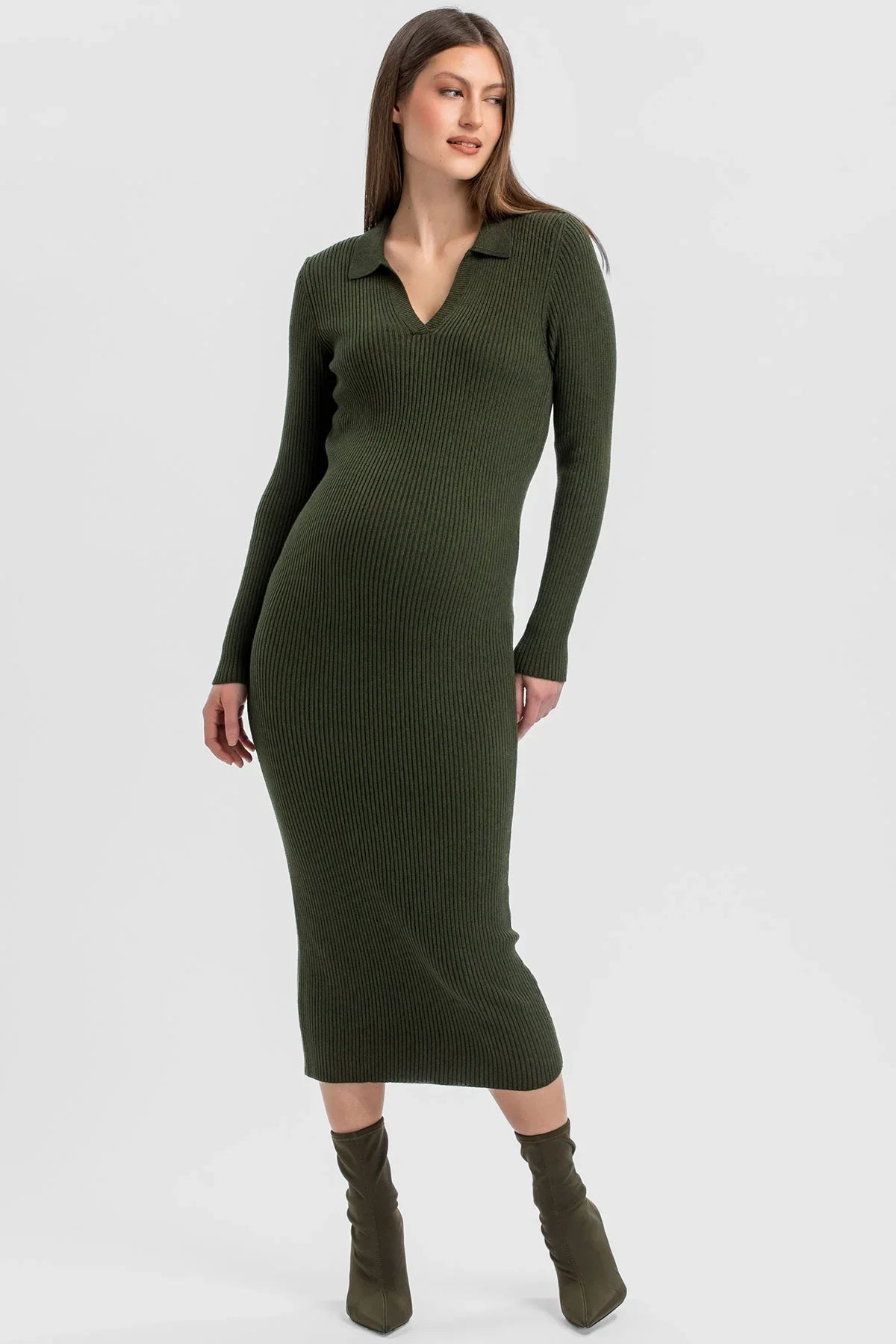 Olive Green Ribbed Maternity Dress with Polo Collar
