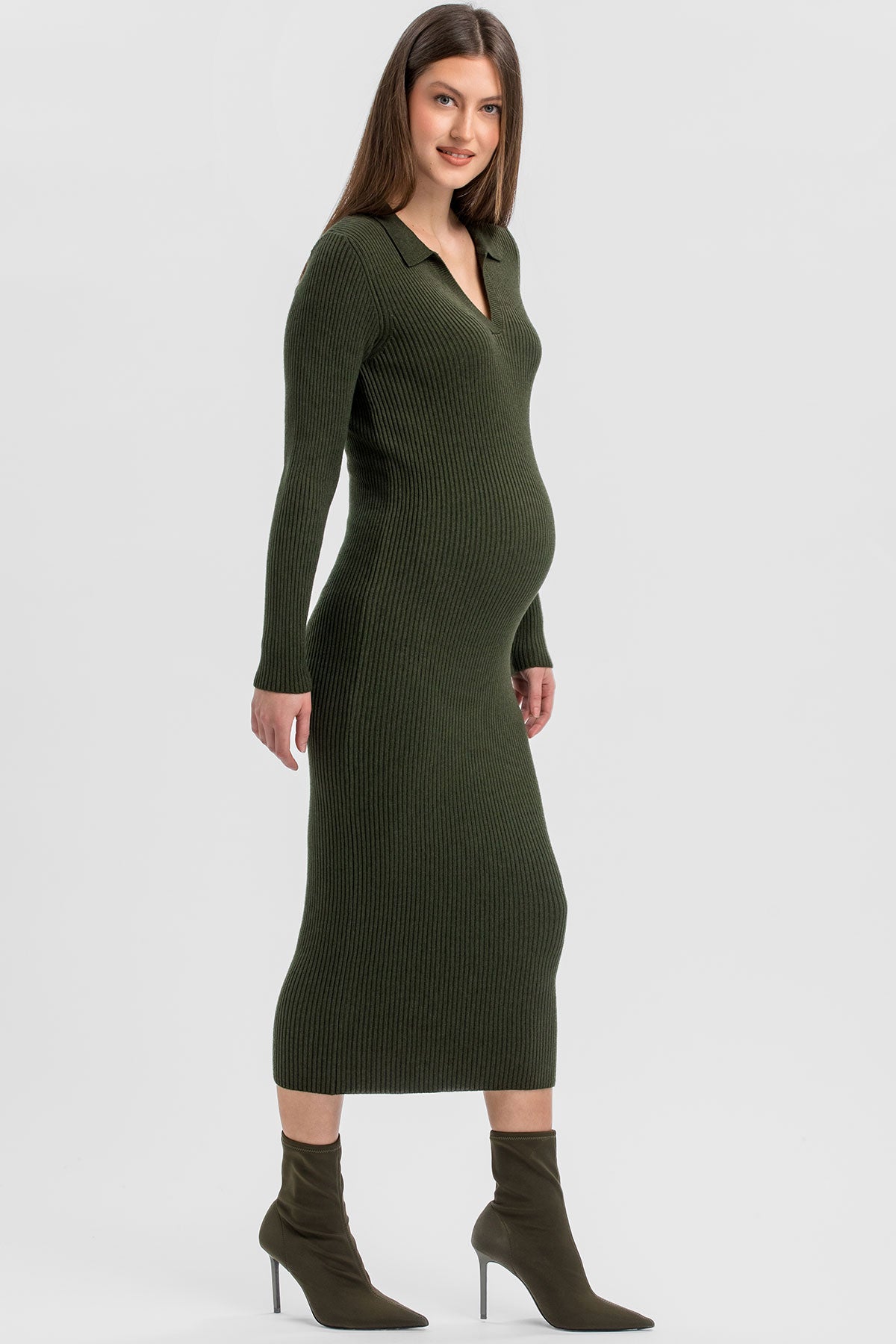 Olive Green Ribbed Maternity Dress with Polo Collar