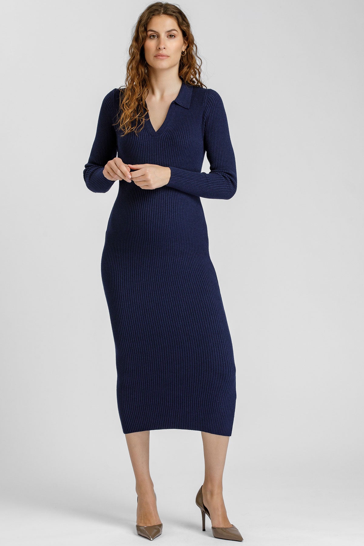 Dark Blue Ribbed Maternity Dress with Polo Collar