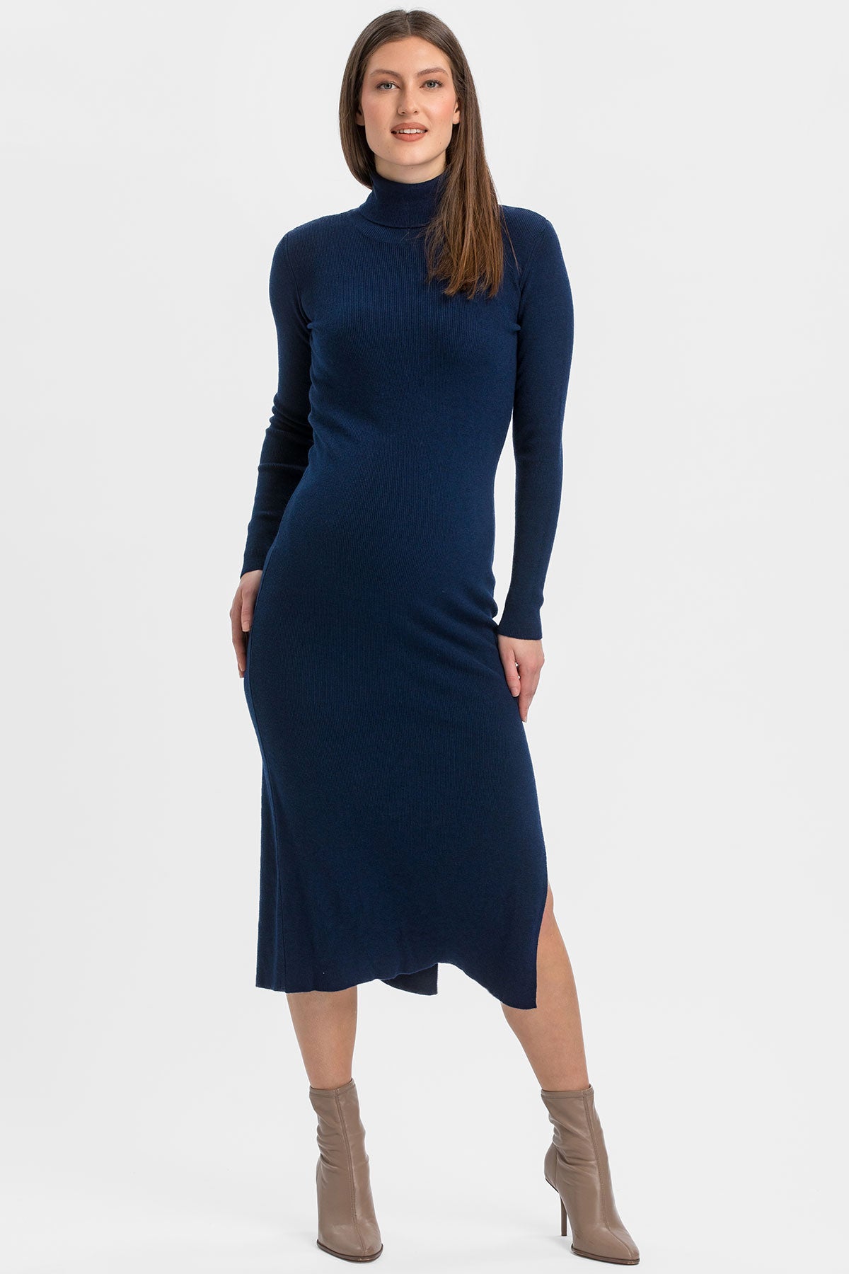 Blue maternity knit dress with high neck.