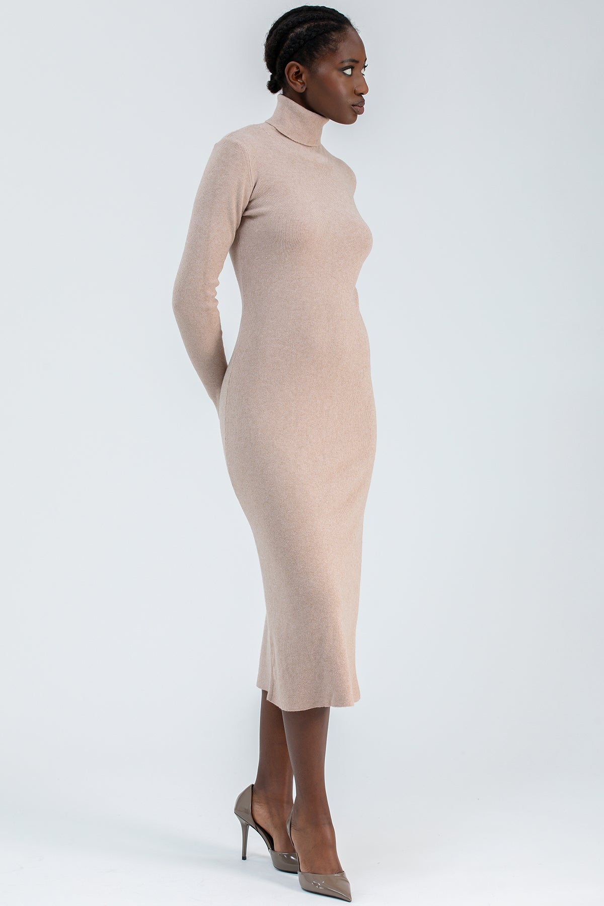 PENELOPE | Beige Fitted Dress with Side Slit