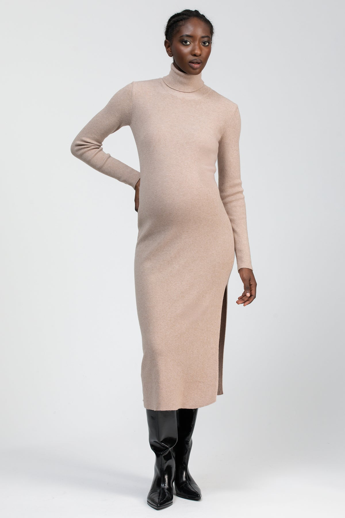 PENELOPE | Abito Premaman Aderente Beige con Spacco Laterale