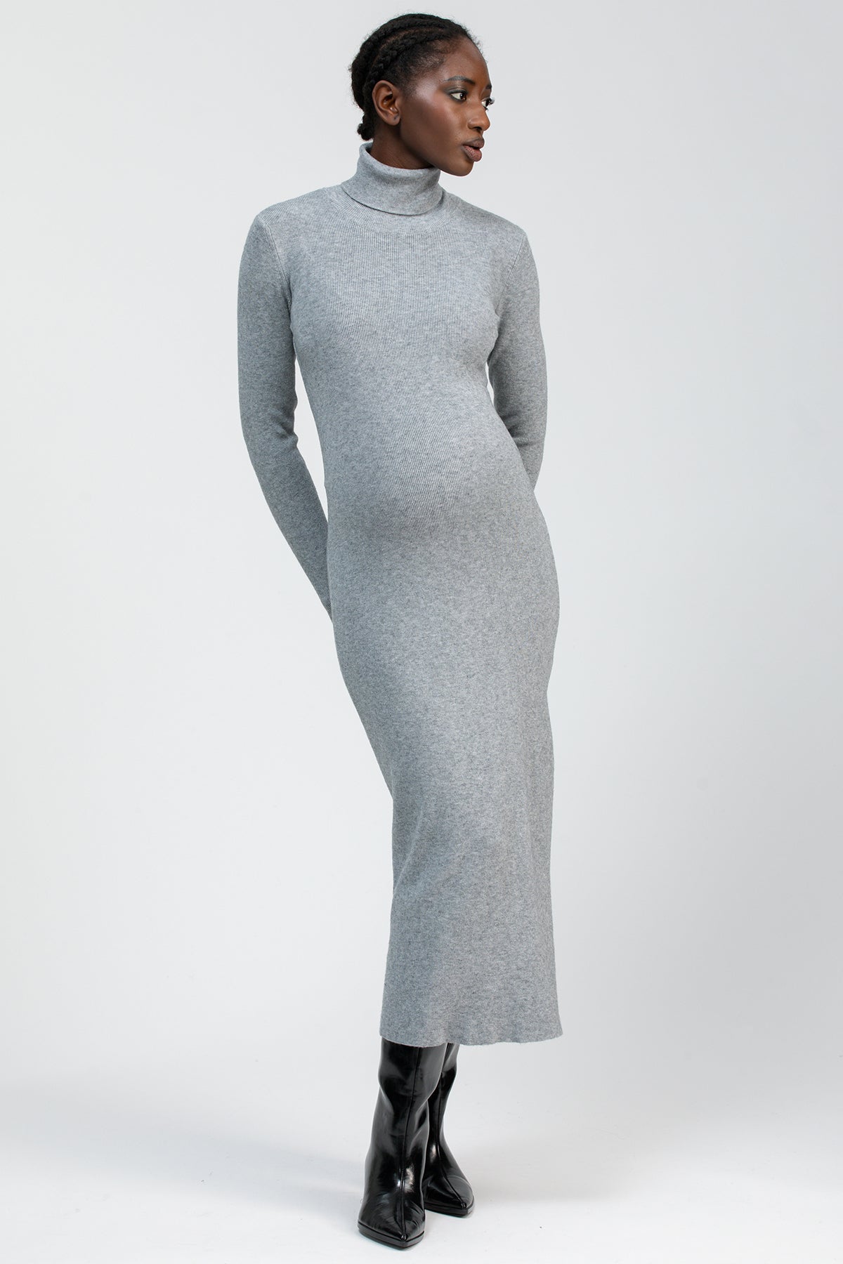 grey fitted maternity dress with Side Slit gold corset top