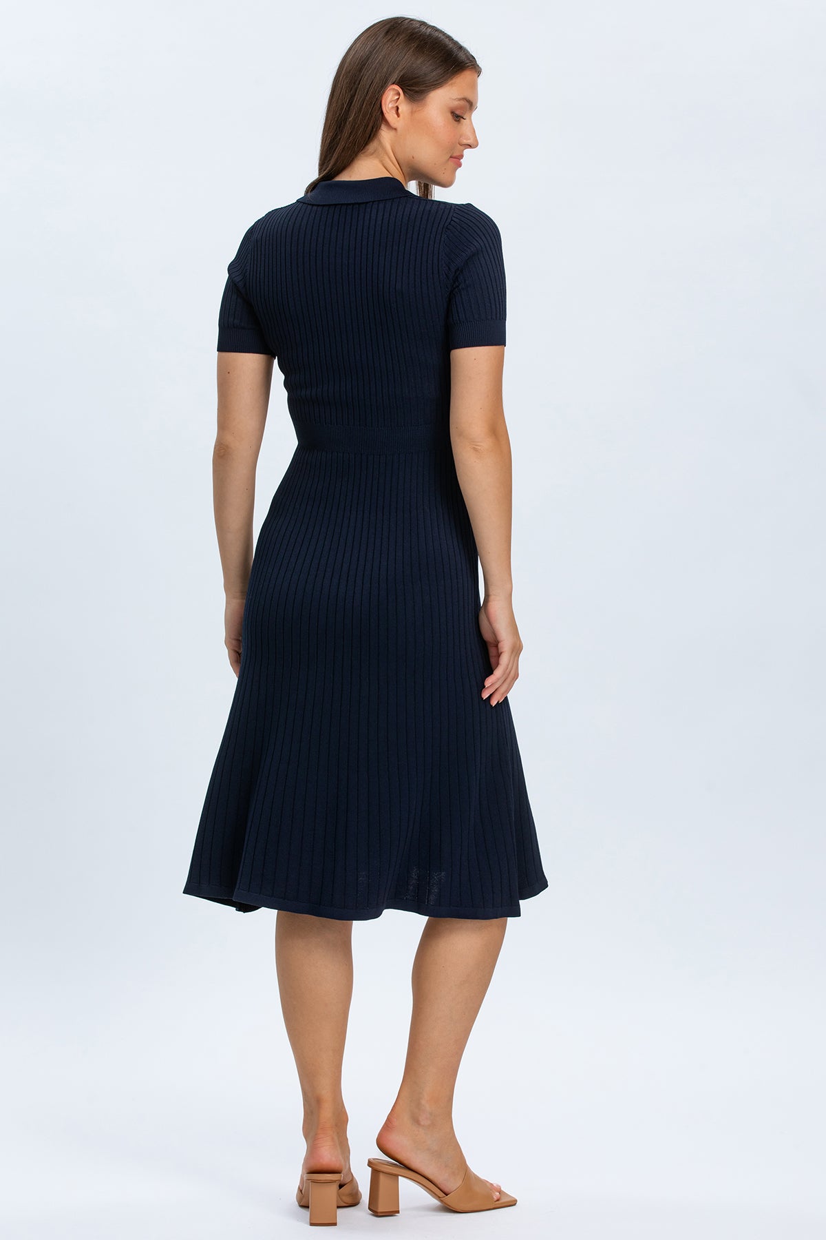 AZALEA | Navy Blue Maternity Flared Polo Dress with Collar