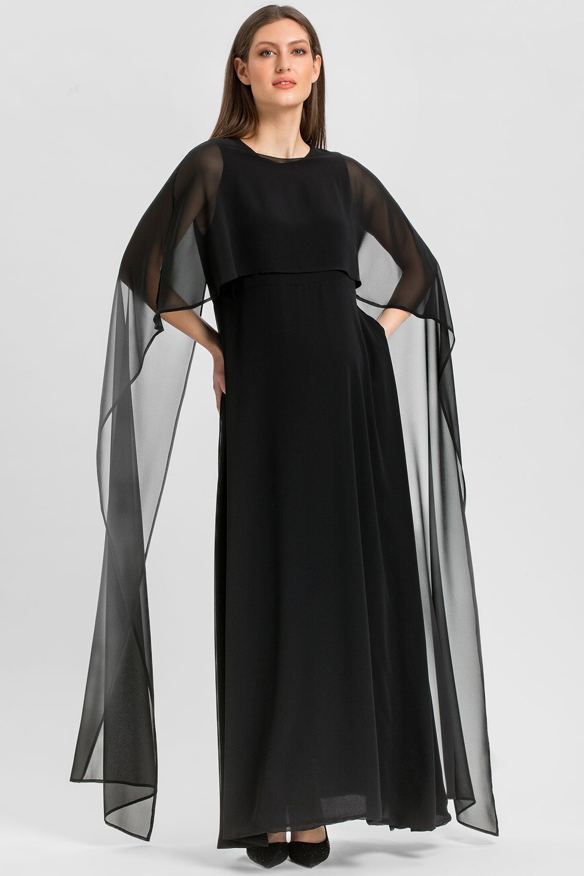 Maxi Abito Premaman Nero con Mantello in Chiffon